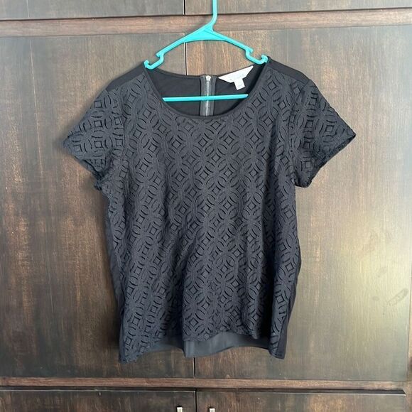 Market & Spruce Stitch Fix Hans Crochet Front Mixed Material Black Top Size Larg - Picture 2 of 5